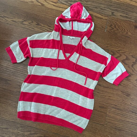 Banana Republic Striped Short Sleeve Drop Shoulder Knit Hoodie Sweater Size XL - Picture 2 of 9